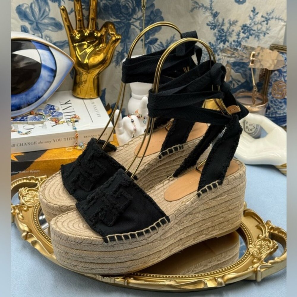 🆕 TORY BURCH 🧿 NWOB Ines Espadrille Wedge Sandal, 80 MM - Black - Sz US 7 - Picture 6 of 13
